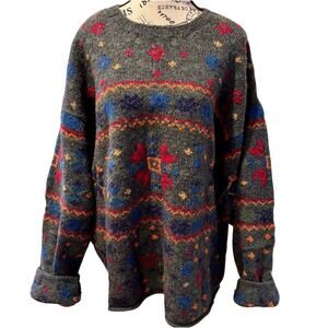 1990s J. Crew Fair Isle Gray and Multi Color 100% Wool Crewneck Sweater size XL
